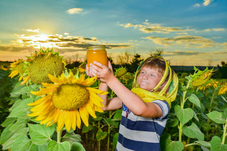 A boy wearing a beekeeper mask holds a jar of honey among a sunflower field.の写真素材