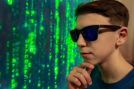 A modern cyber teenager in glasses against the background of a computer matrix holds his chin when...