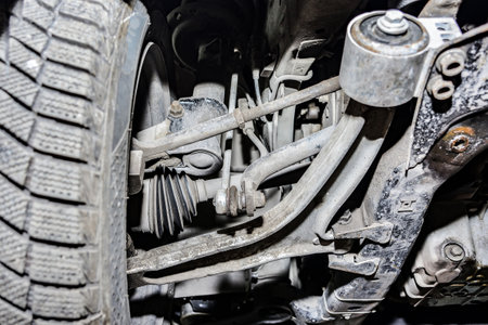 The running system of a car standing on a car lift.の写真素材