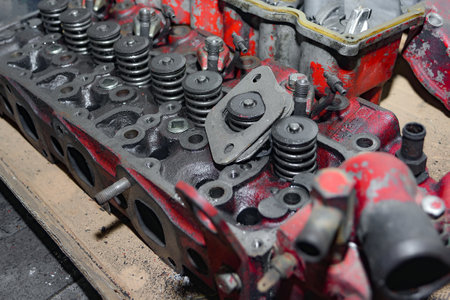 Exploded view of the cylinder head of a four-cylinder engine being repaired in a car workshop.
