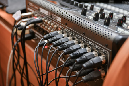 Mixing console at a concert with wires and connections.の写真素材