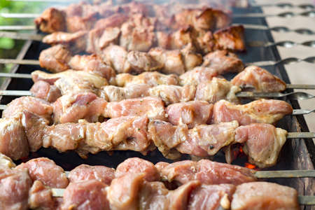 Skewers of pork. Fried pork meat cooked over burning coals.の写真素材