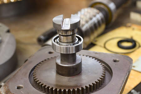 Worm shaft and worm wheel in a locksmith's workshop on the assembly of the gearbox.の写真素材