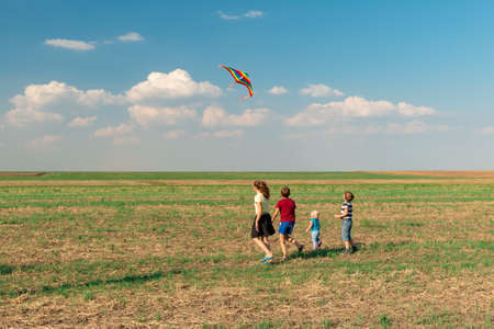 Children fly a kite and run through the meadow.