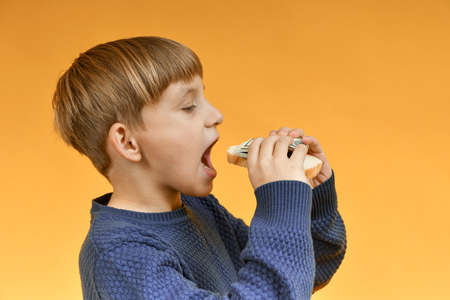 The boy holds in his hand a sandwich with bread and dollars near his open mouth.の写真素材