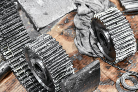Broken gearbox with damaged teeth on the gears as a result of improper use.