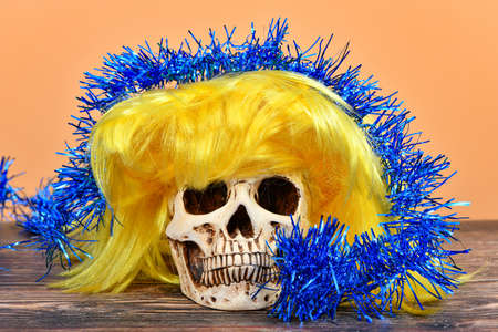 The skull in a yellow wig is adorned with blue Christmas tinsel.の写真素材