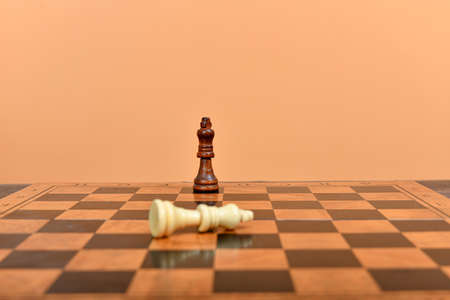 The black queen stands on the chessboard, the white queen lies in the middle of the field.の写真素材