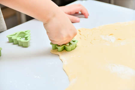 A child with small hands makes different figures from rolled dough for baking in the oven.の写真素材