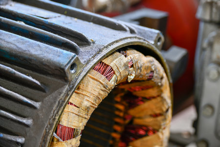 A close-up of the copper winding of the stator of an electric motor in a warehouse at a factory.の写真素材