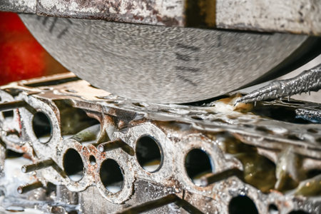 Grinding the cylinder head of a car engine on a water-cooled surface grinder.