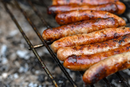 Grilled sausages on the fire are on the grill and are ready to eat.の写真素材