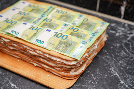 Euro banknotes lie on top of a puff pastry with creamの写真素材