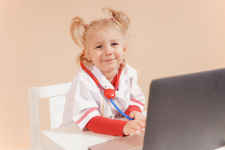 A little girl dressed as a doctor sits near a laptop.の写真素材