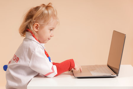 A little girl in doctors clothes takes notes on the computer, the medicineの写真素材