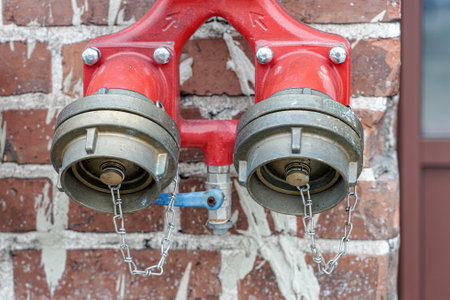 Fire hydrant for a quick set of water on a brick wall.の写真素材