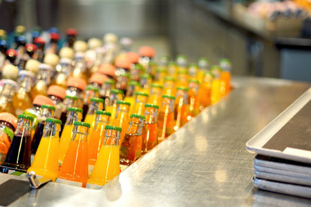 Glass colored bottles with drinks on a shop window.の写真素材