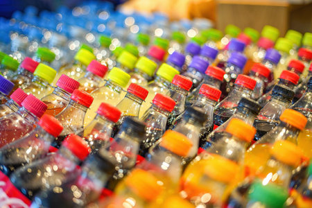 Plastic bottles with drinks with colored lids on a shop window.の写真素材