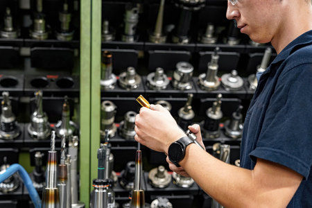 A worker in a tool warehouse inspects and selects cutters for work on a CNC milling and turning...