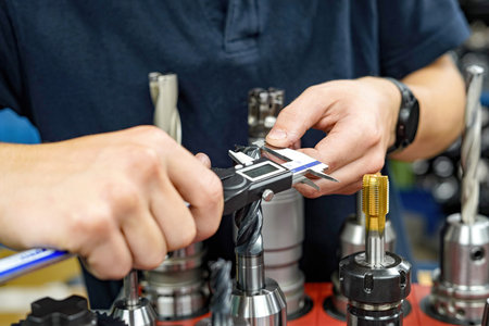 The worker operator of the cnc machine tool measures the cutting tool with a caliper for further...