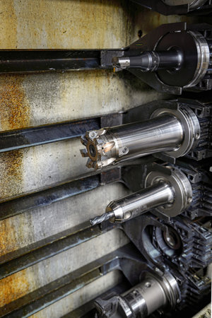 Necessary tools (mills, cutters, drills, taps) placed in the tool magazine of the machine in a...