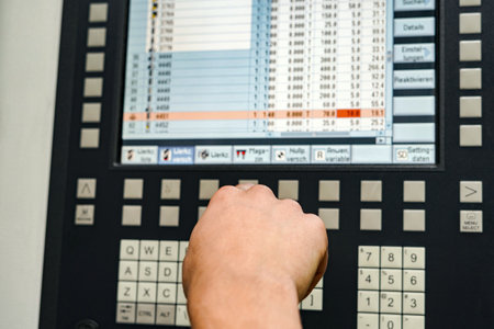 A worker writes a program on a CNC milling and lathe machine. Checking and correcting errors in CNC...