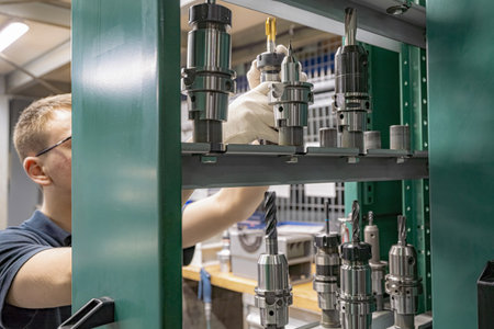 A worker inspects and selects a cutter from a rack to use on a CNC machine.の写真素材