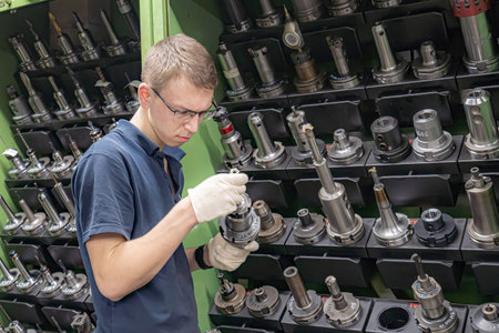 A person inspects a cutter from an organized tool storage system in an industrial setting.