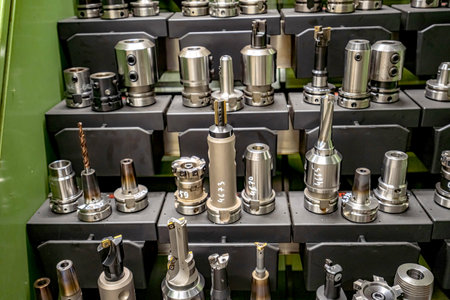 Mills and cutting tools for working on a CNC machine are arranged. in tool racks.