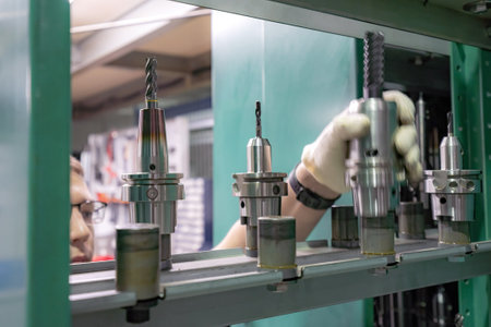 A working machine operator inspects a cutter for a CNC machine from a tool rack.の写真素材
