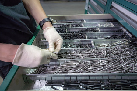 A worker selects bolts in a box to connect technical parts.の写真素材