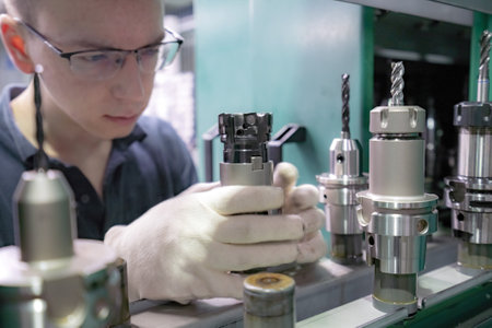 A working machine operator inspects a cutter for a CNC machine from a tool rack.の写真素材