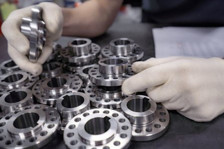A worker inspects and sorts round parts with holes.の写真素材