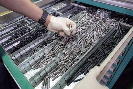 Boxes with hardware at a technical enterprise.の写真素材