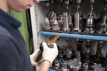 A working machine operator inspects a cutter for a CNC machine from a tool rack.の写真素材