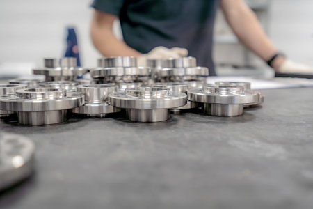 A worker inspects and sorts round parts with holes for assembling them into components and...
