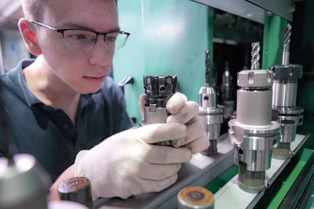 Metal-cutting cutters for a CNC machine in the hands of a worker to select tools.の写真素材