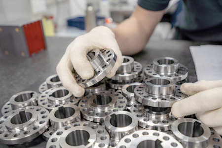 A worker inspects and sorts round parts with holes.の写真素材