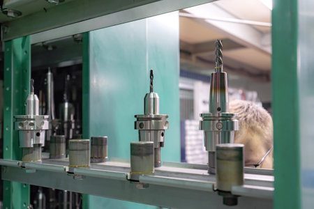 Metal-cutting cutters for a CNC machine in a tool rack.の写真素材