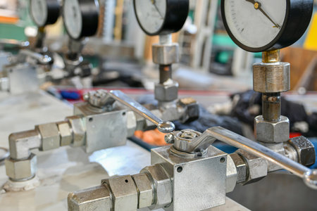 Pressure changeover valve with pressure gauges in the hydraulic supply system.の写真素材