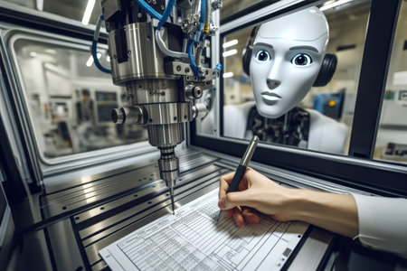 The robot helps a person operate a CNC metalworking machine in the production and adjustment of systems and programmable parts.の素材