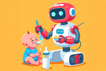 A robot feeds a small child baby food from a spoon. The robot monitors the nutrition and development of children.の素材