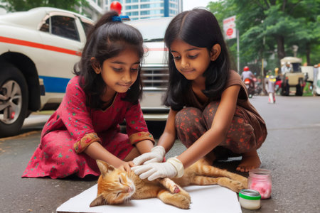 Little children treat stray animals on the street.の素材