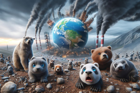 Destruction of the planet due to factories and environmental emissions. The crippled and dying animals are horrified by what is happening.の素材