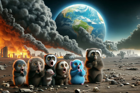 Small animals are horrified by the ongoing destruction of the earth by humanity.の素材