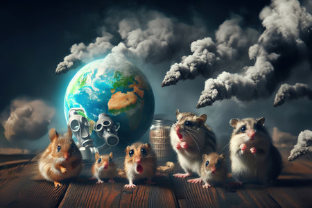 Destruction of the planet due to factories and environmental emissions. The crippled and dying animals are horrified by what is happening.の素材
