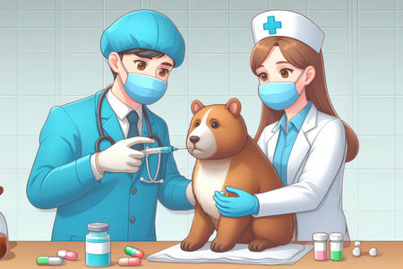 Doctors treat pets in the hospital and give them injections and pills to get better.の素材