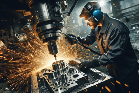 A milling machine operator at work controls the equipment. Sparks in different directions.の素材