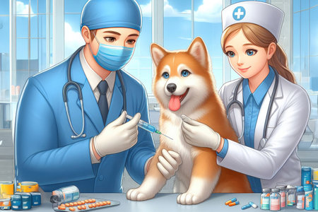 Doctors treat pets in the hospital and give them injections and pills to get better.の素材