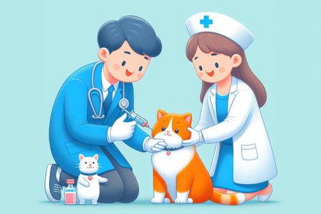 Doctors treat pets in the hospital and give them injections and pills to get better.の素材